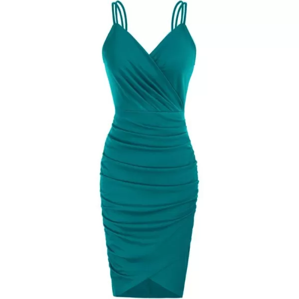 GRACE KARIN Womens Sexy Spaghetti Straps Cocktail Dresses for Wedding Guest Ruched Vneck Bodycon DressSolid Blue Green