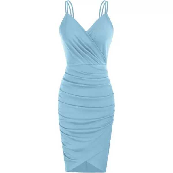 GRACE KARIN Womens Sexy Spaghetti Straps Cocktail Dresses for Wedding Guest Ruched Vneck Bodycon DressSolid Light Blue