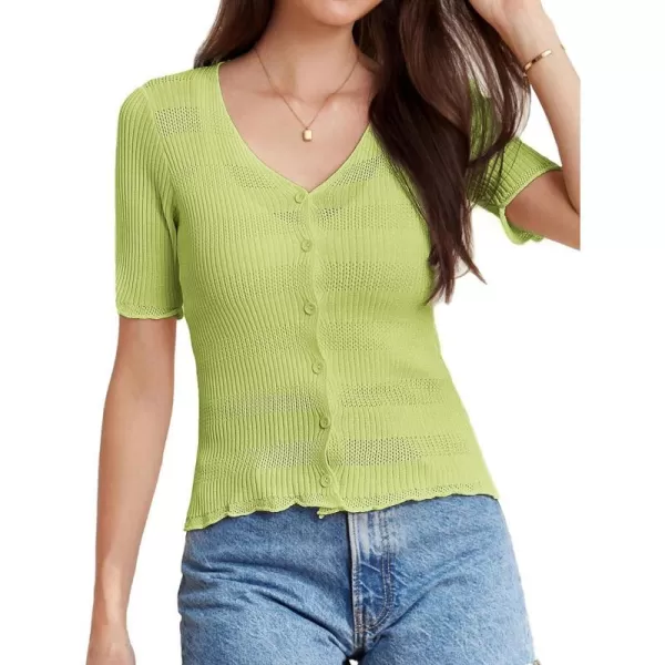 GRACE KARIN Womens Sheer Mesh Crochet Tops Button Down Knitted Short Sleeve V Neck Cropped Shrugs CardiganGreen