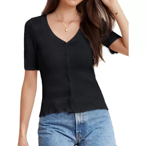 GRACE KARIN Womens Sheer Mesh Knitted Button Down Tops Short Sleeve V Neck Cropped Shrugs CardiganBlack