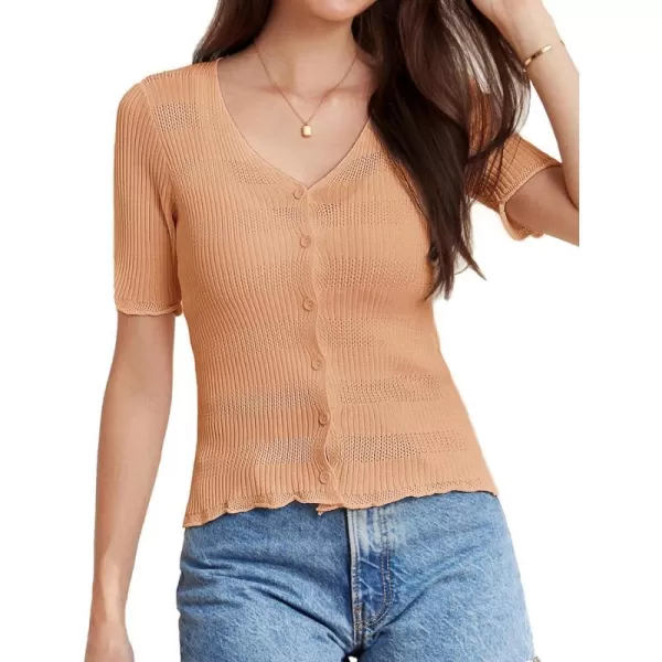 GRACE KARIN Womens Sheer Mesh Knitted Button Down Tops Short Sleeve V Neck Cropped Shrugs CardiganOrange