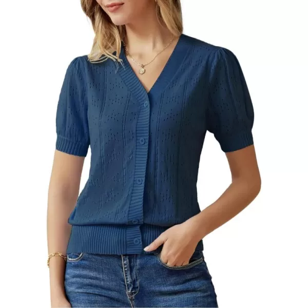 GRACE KARIN Womens Short Puff Sleeve Top Cropped Cardigan V Neck Open Front Bolero Shrug Lightweight Knit SweaterNavy Blue