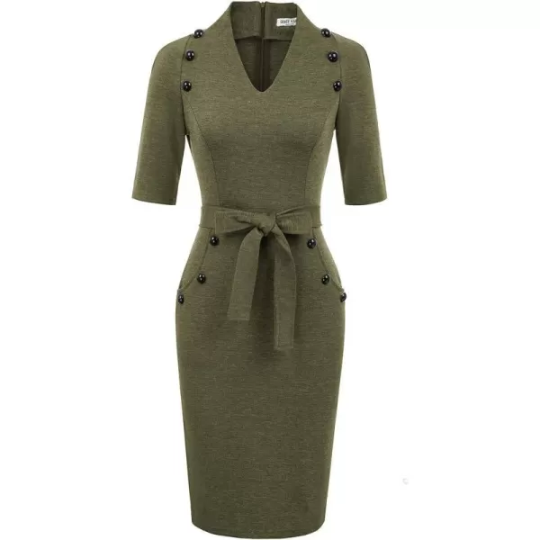 GRACE KARIN Womens Short Sleeve Bodycon Dress Belted Business Cocktail Funeral Pencil Dress with ProcketArmy Green