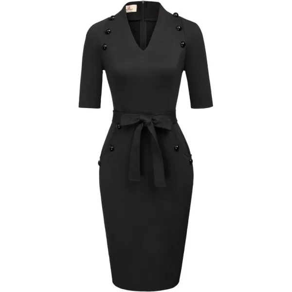 GRACE KARIN Womens Short Sleeve Bodycon Dress Belted Business Cocktail Funeral Pencil Dress with ProcketBlack