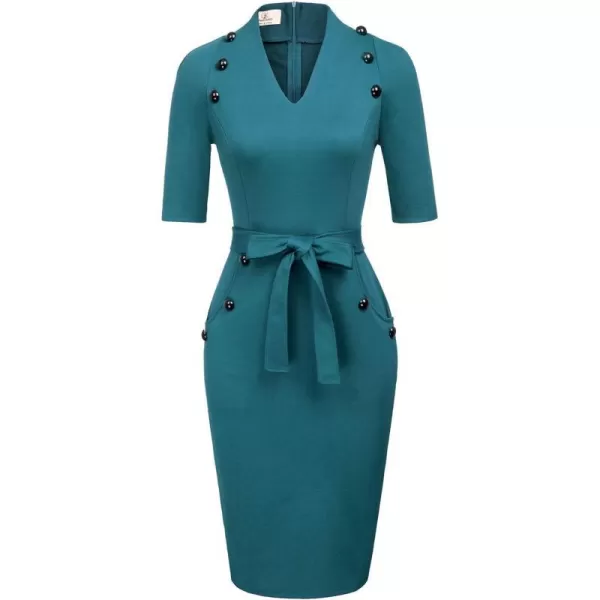 GRACE KARIN Womens Short Sleeve Bodycon Dress Belted Business Cocktail Funeral Pencil Dress with ProcketBondi Blue