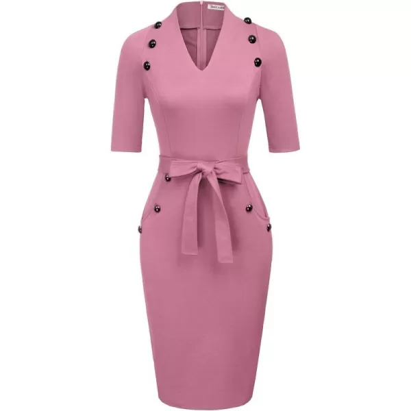 GRACE KARIN Womens Short Sleeve Bodycon Dress Belted Business Cocktail Funeral Pencil Dress with ProcketDark Pink