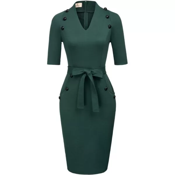 GRACE KARIN Womens Short Sleeve Bodycon Dress Belted Business Cocktail Funeral Pencil Dress with ProcketGreen