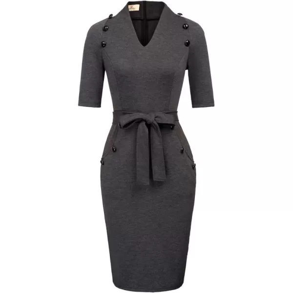 GRACE KARIN Womens Short Sleeve Bodycon Dress Belted Business Cocktail Funeral Pencil Dress with ProcketGrey