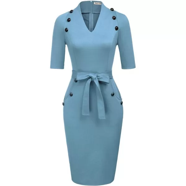 GRACE KARIN Womens Short Sleeve Bodycon Dress Belted Business Cocktail Funeral Pencil Dress with ProcketGrey Blue