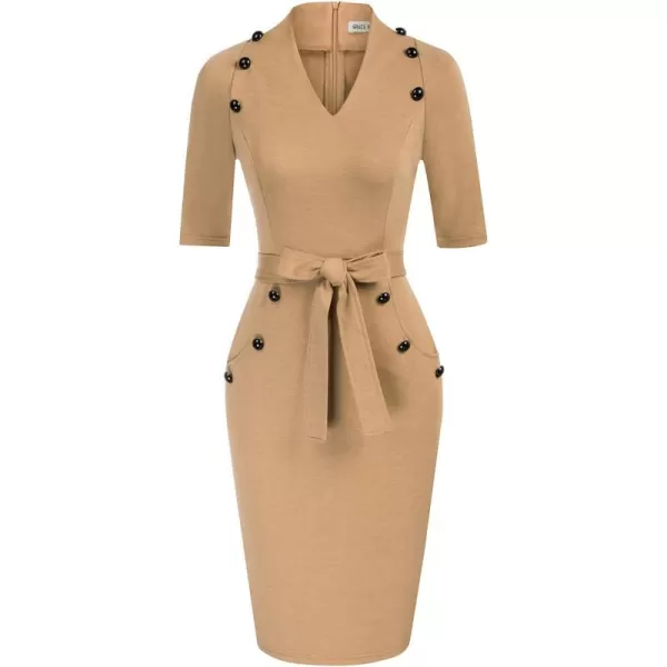 GRACE KARIN Womens Short Sleeve Bodycon Dress Belted Business Cocktail Funeral Pencil Dress with ProcketKhaki