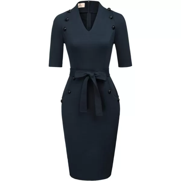 GRACE KARIN Womens Short Sleeve Bodycon Dress Belted Business Cocktail Funeral Pencil Dress with ProcketNavy Blue