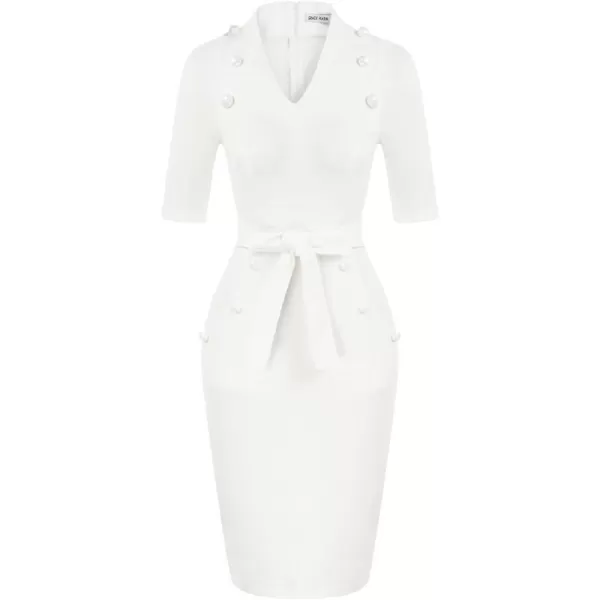 GRACE KARIN Womens Short Sleeve Bodycon Dress Belted Business Cocktail Funeral Pencil Dress with ProcketWhite