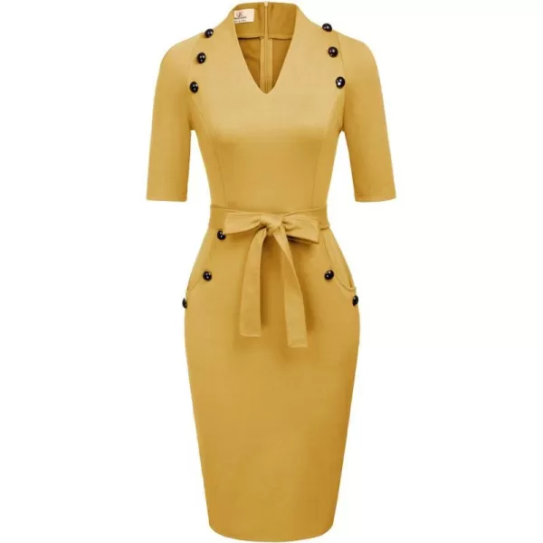 GRACE KARIN Womens Short Sleeve Bodycon Dress Belted Business Cocktail Funeral Pencil Dress with ProcketYellow