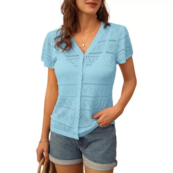 GRACE KARIN Womens Short Sleeve Cardigan 2024 Summer Crochet Cardigans for Women Lightweight Shrugs Sweaters TopsLight Blue