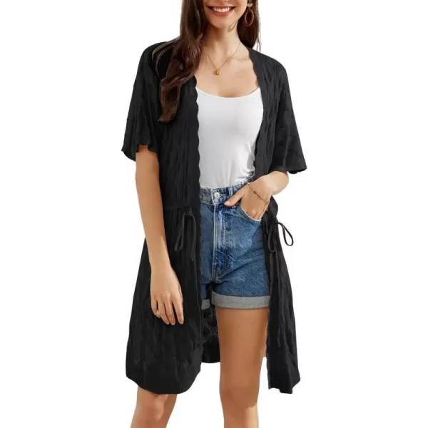 GRACE KARIN Womens Short Sleeve Open Front Crochet Knit Cardigan Lightweight Summer Kimono Boho Cardigans with Side SlitBlack