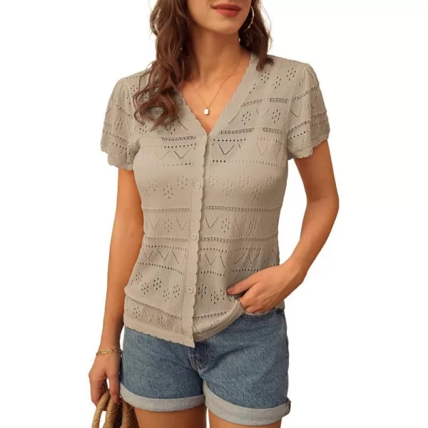 GRACE KARIN Womens Short Sleeve Ruffle Cardigan 2024 Summer Crochet Cardigan Lightweight Bolero Shrugs Sweaters TopsBeige