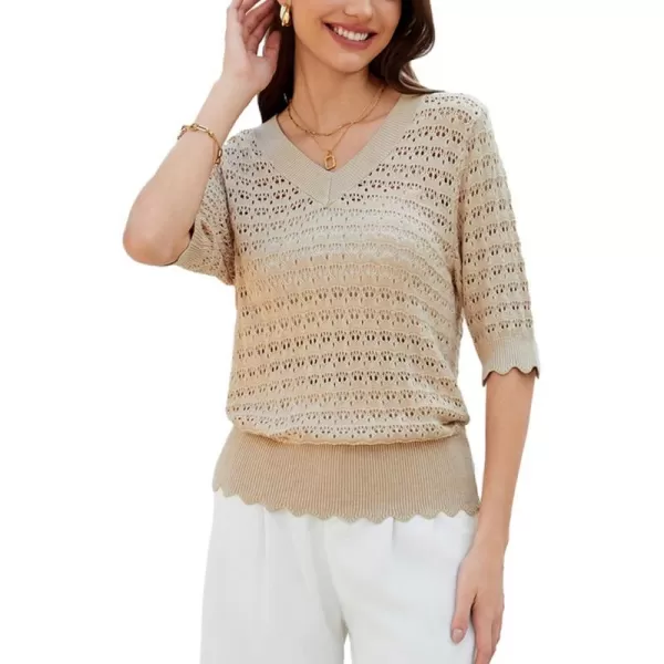 GRACE KARIN Womens Short Sleeve Sweaters Tops V Neck Pullover Knit Shirts Crochet Hollow Out BlousesApricot