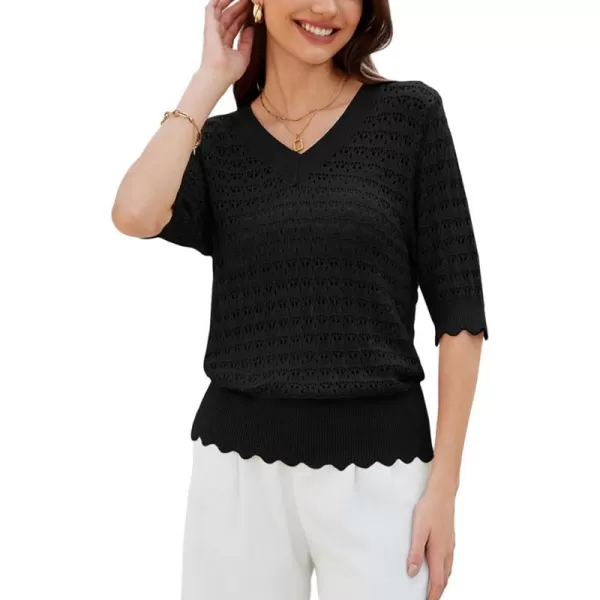 GRACE KARIN Womens Short Sleeve Sweaters Tops V Neck Pullover Knit Shirts Crochet Hollow Out BlousesBlack