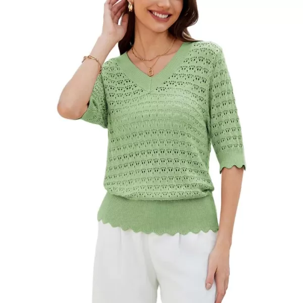 GRACE KARIN Womens Short Sleeve Sweaters Tops V Neck Pullover Knit Shirts Crochet Hollow Out BlousesLight Green