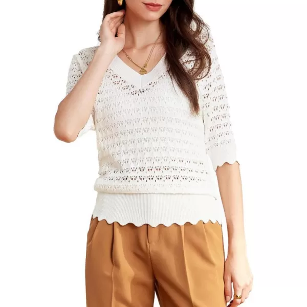 GRACE KARIN Womens Short Sleeve Sweaters Tops V Neck Pullover Knit Shirts Crochet Hollow Out BlousesWhite