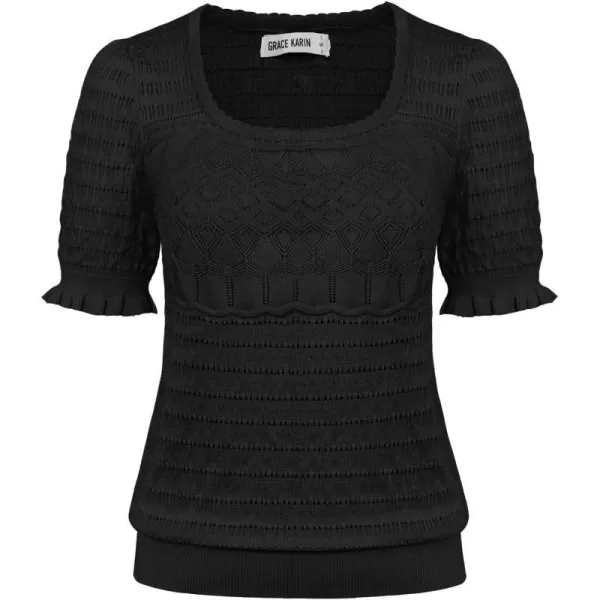 GRACE KARIN Womens Short Sleeve Tops Pullover Sweaters Knit Tops Casual Hollow Out Knitted o Neck for Daily WearBlack