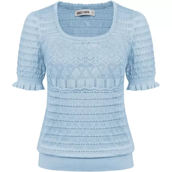 GRACE KARIN Womens Short Sleeve Tops Pullover Sweaters Knit Tops Casual Hollow Out Knitted o Neck for Daily WearLight Blue