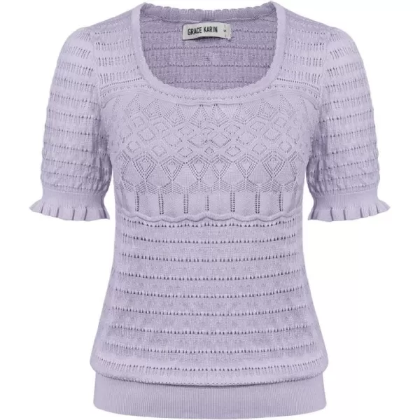 GRACE KARIN Womens Short Sleeve Tops Pullover Sweaters Knit Tops Casual Hollow Out Knitted o Neck for Daily WearLilac