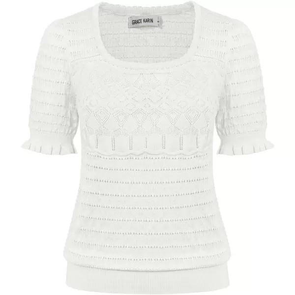 GRACE KARIN Womens Short Sleeve Tops Pullover Sweaters Knit Tops Casual Hollow Out Knitted o Neck for Daily WearWhite