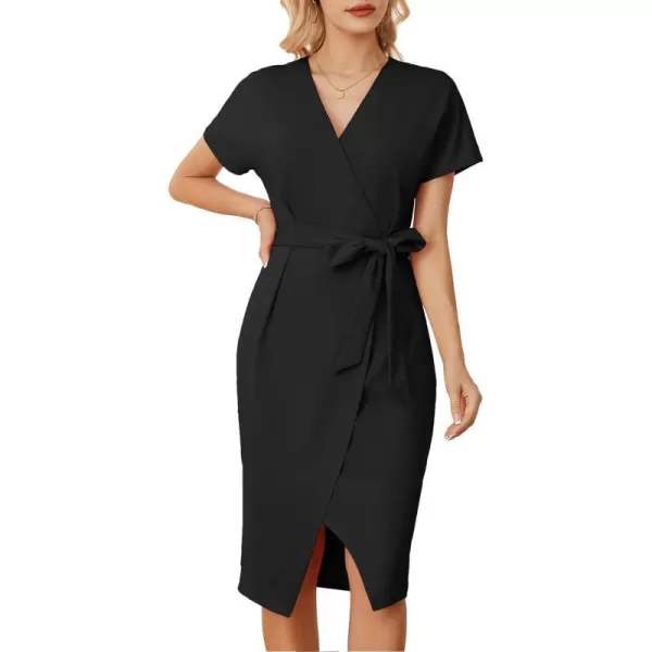 GRACE KARIN Womens Short Sleeve V Neck Business Dress Tie Waist Faux Wrap Slit Cocktail Party Dress Bodycon Midi DressBlack