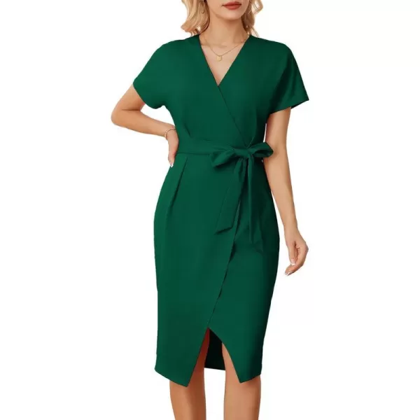 GRACE KARIN Womens Short Sleeve V Neck Business Dress Tie Waist Faux Wrap Slit Cocktail Party Dress Bodycon Midi DressDark Green