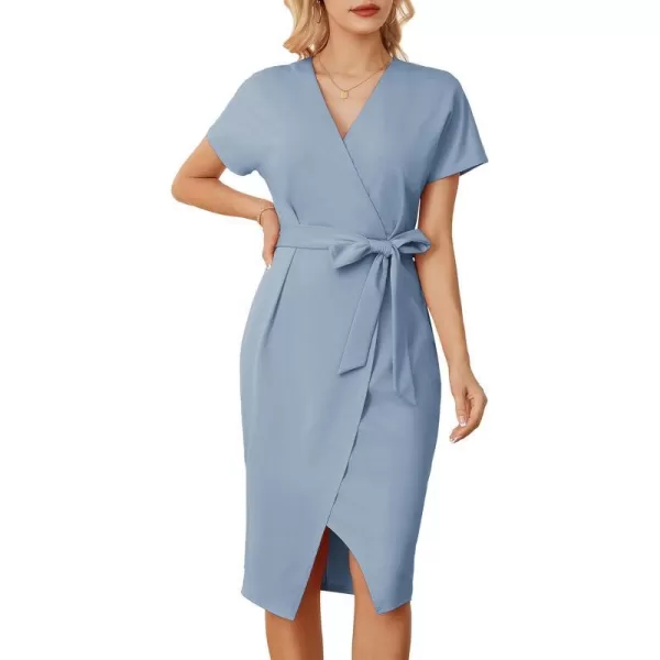 GRACE KARIN Womens Short Sleeve V Neck Business Dress Tie Waist Faux Wrap Slit Cocktail Party Dress Bodycon Midi DressGrey Blue