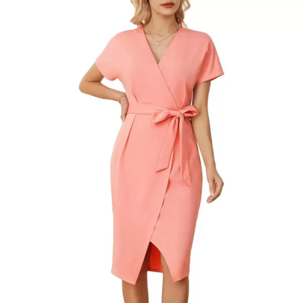 GRACE KARIN Womens Short Sleeve V Neck Business Dress Tie Waist Faux Wrap Slit Cocktail Party Dress Bodycon Midi DressLight Pink