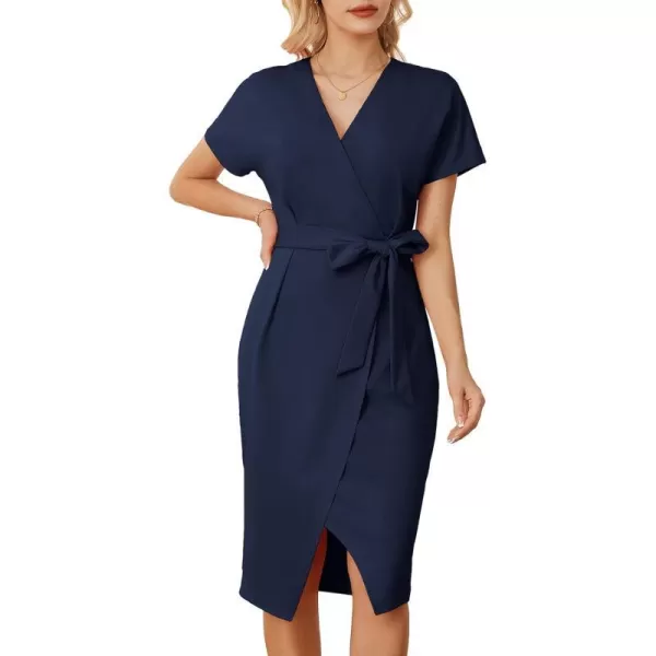 GRACE KARIN Womens Short Sleeve V Neck Business Dress Tie Waist Faux Wrap Slit Cocktail Party Dress Bodycon Midi DressNavy Blue