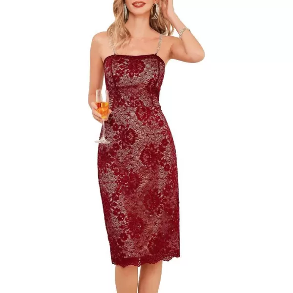 GRACE KARIN Womens Sleeveless Cocktail Party Dress Spaghetti Straps Lace HipWrapped Midi Sexy Sequin DressBurgundy