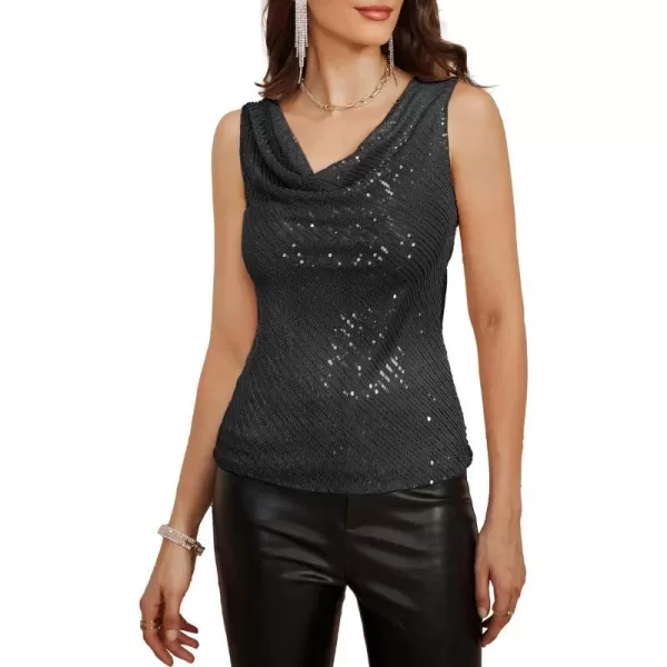 GRACE KARIN Womens Sleeveless Cowl Neck Sequin Tank Tops Sparkly Club Party Shirts Drape Neck Glitter Cocktail BlousesBlack