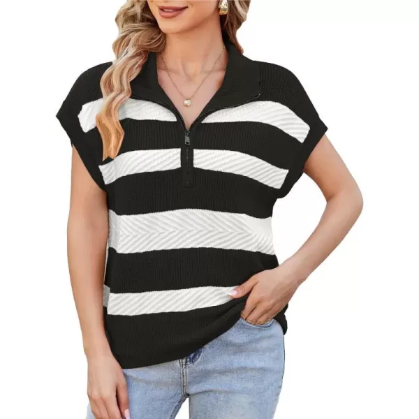 GRACE KARIN Womens Sleeveless Half Zip Sweater Striped Short Sleeve Pullover Ribbed Knitted Loose Sweaters S2XLBlack Stripe1