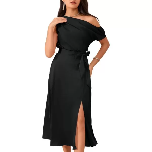 GRACE KARIN Womens Sleeveless One Shoulder Midi Cocktail Party Dress Satin Cap Sleeve Tie Waist Elegant ALine Flowy DressesBlack