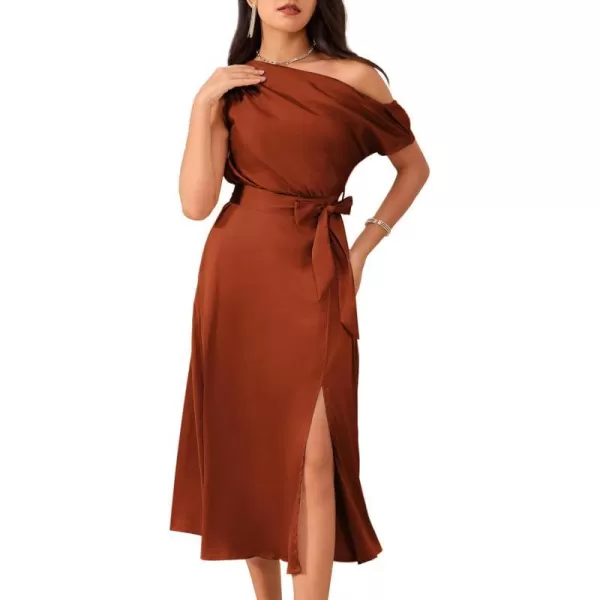 GRACE KARIN Womens Sleeveless One Shoulder Midi Cocktail Party Dress Satin Cap Sleeve Tie Waist Elegant ALine Flowy DressesBrown