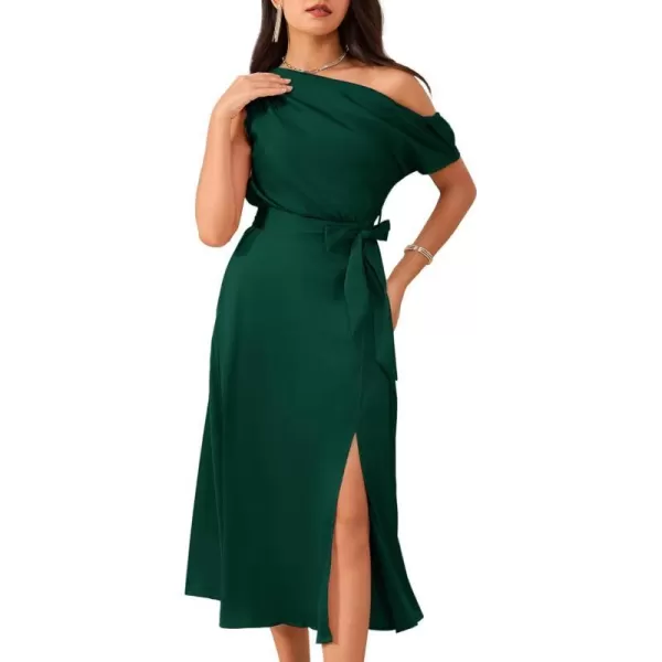 GRACE KARIN Womens Sleeveless One Shoulder Midi Cocktail Party Dress Satin Cap Sleeve Tie Waist Elegant ALine Flowy DressesDark Green