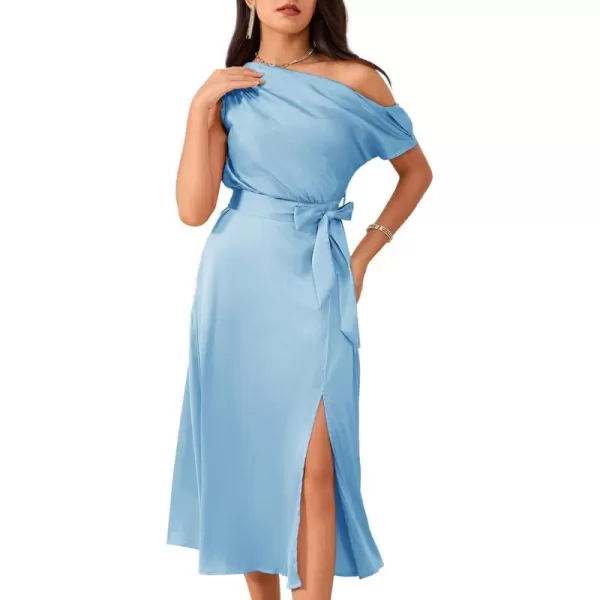 GRACE KARIN Womens Sleeveless One Shoulder Midi Cocktail Party Dress Satin Cap Sleeve Tie Waist Elegant ALine Flowy DressesLight Blue