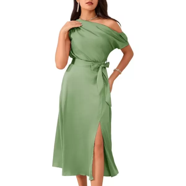 GRACE KARIN Womens Sleeveless One Shoulder Midi Cocktail Party Dress Satin Cap Sleeve Tie Waist Elegant ALine Flowy DressesLight Green