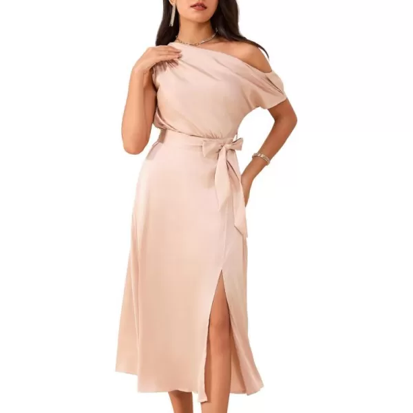 GRACE KARIN Womens Sleeveless One Shoulder Midi Cocktail Party Dress Satin Cap Sleeve Tie Waist Elegant ALine Flowy DressesRose Gold