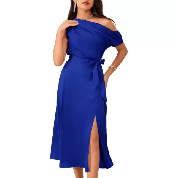 GRACE KARIN Womens Sleeveless One Shoulder Midi Cocktail Party Dress Satin Cap Sleeve Tie Waist Elegant ALine Flowy DressesRoyal Blue