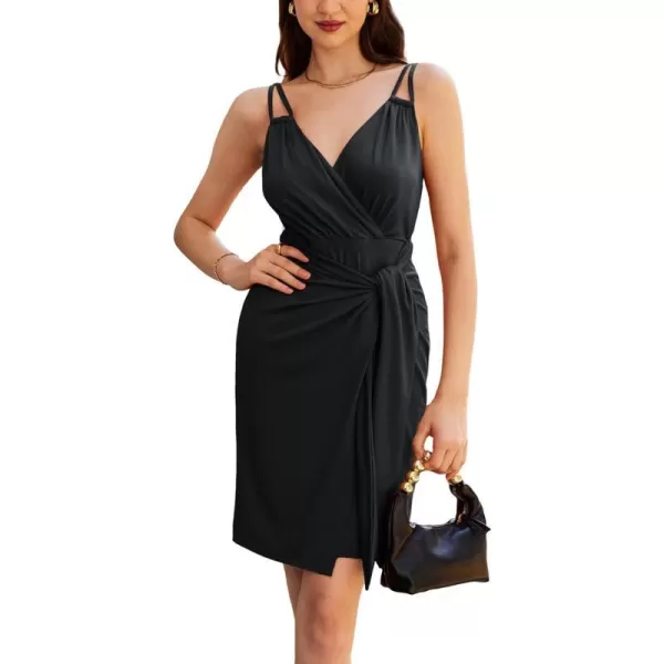 GRACE KARIN Womens Sleeveless Spaghetti Strap V Neck Wrap Dresses Ruched Bodycon Cocktail Party Mini DressesBlack