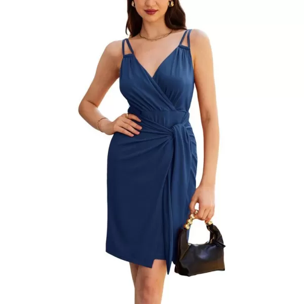 GRACE KARIN Womens Sleeveless Spaghetti Strap V Neck Wrap Dresses Ruched Bodycon Cocktail Party Mini DressesNavy Blue