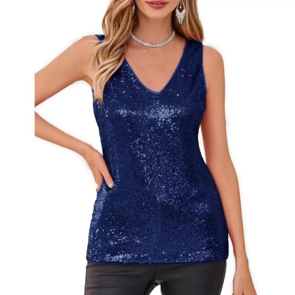 GRACE KARIN Womens Sleeveless Sparkle Sequin Tops VNeck Cami Sexy Club Tank TopDark Blue