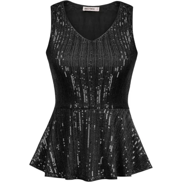 GRACE KARIN Womens Sleeveless Sparkle Sequin Tops VNeck Cami Sexy Club Tank TopPeplumblack