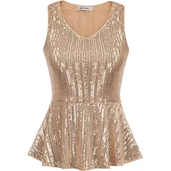 GRACE KARIN Womens Sleeveless Sparkle Sequin Tops VNeck Cami Sexy Club Tank TopPeplumrose Gold