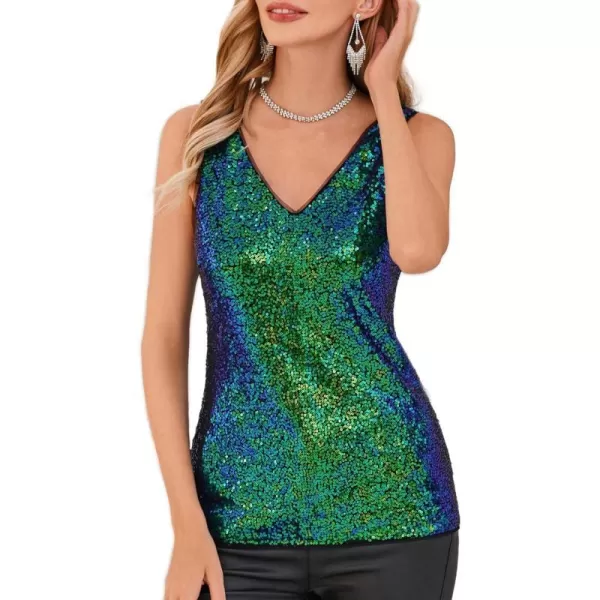 GRACE KARIN Womens Sleeveless Sparkle Sequin Tops VNeck Cami Sexy Club Tank TopTeal