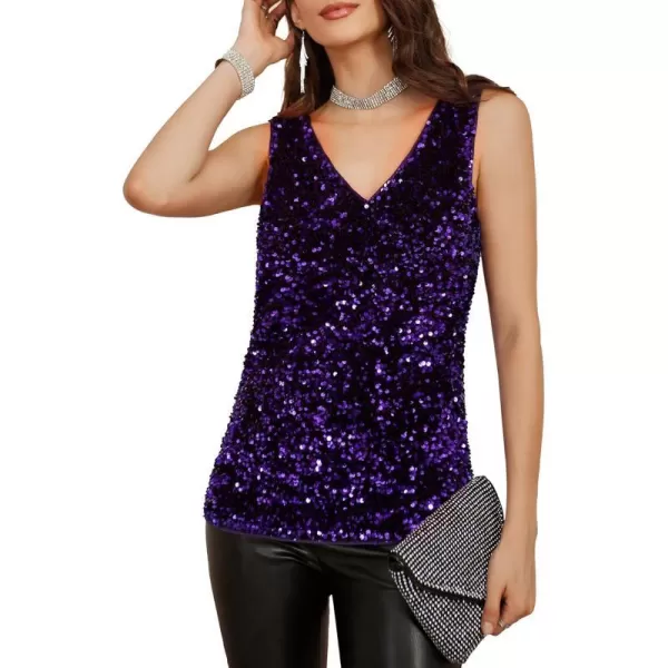 GRACE KARIN Womens Sleeveless Sparkle Sequin Tops VNeck Cami Sexy Club Tank TopVelvetpurple